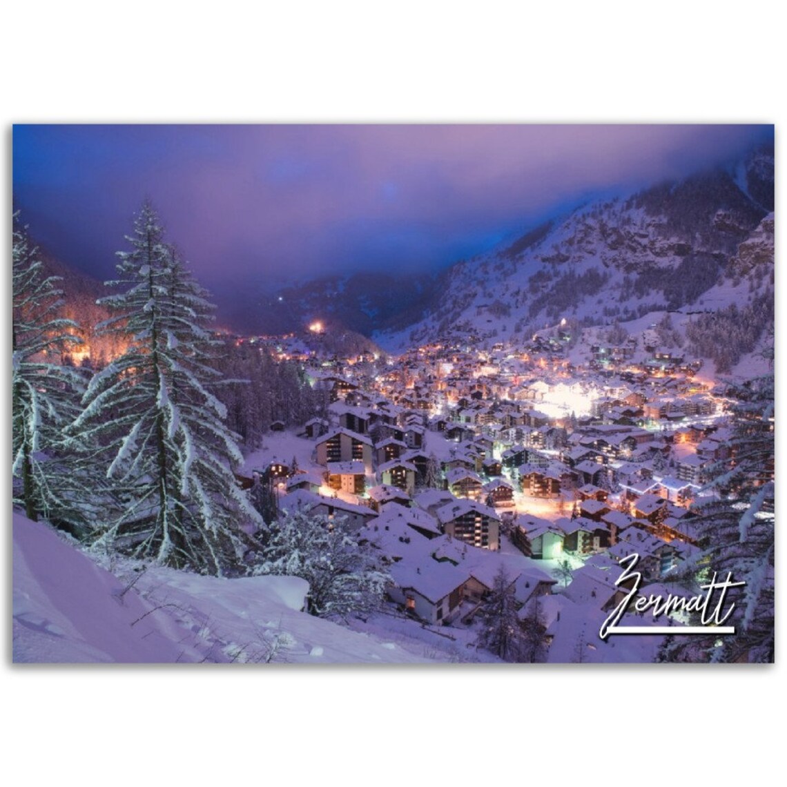 Zermatt Snowy Alpine Village Night Lights Switzerland Travel Poster