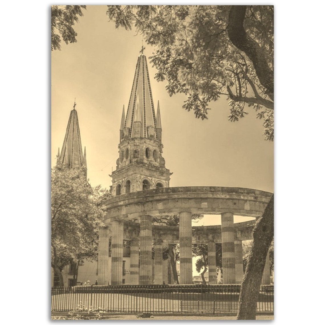 Guadalajara Mexico Vintage Sepia Cathedral Spires Plaza Photo Poster