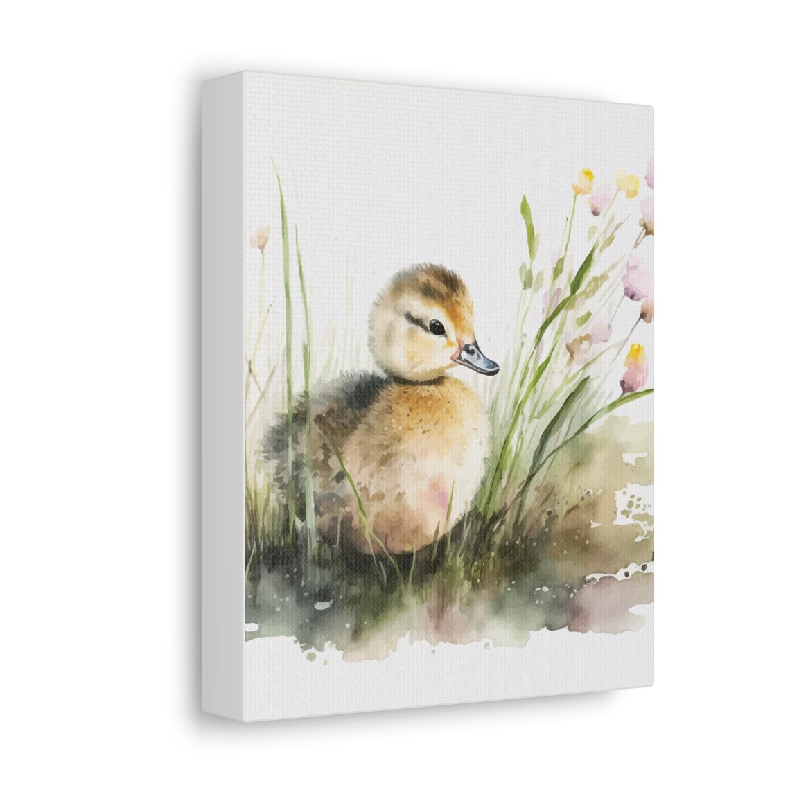Little Duckling Among Reeds Wildflowers Soft Watercolor Nursery Poster - Image 3