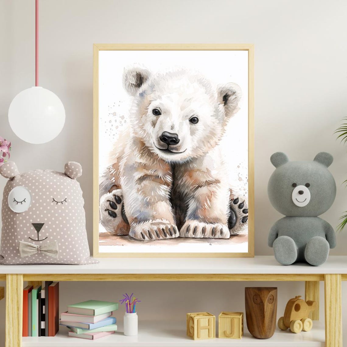 Smiling Polar Bear Cub Watercolor Sitting Cute Arctic Nursery Poster