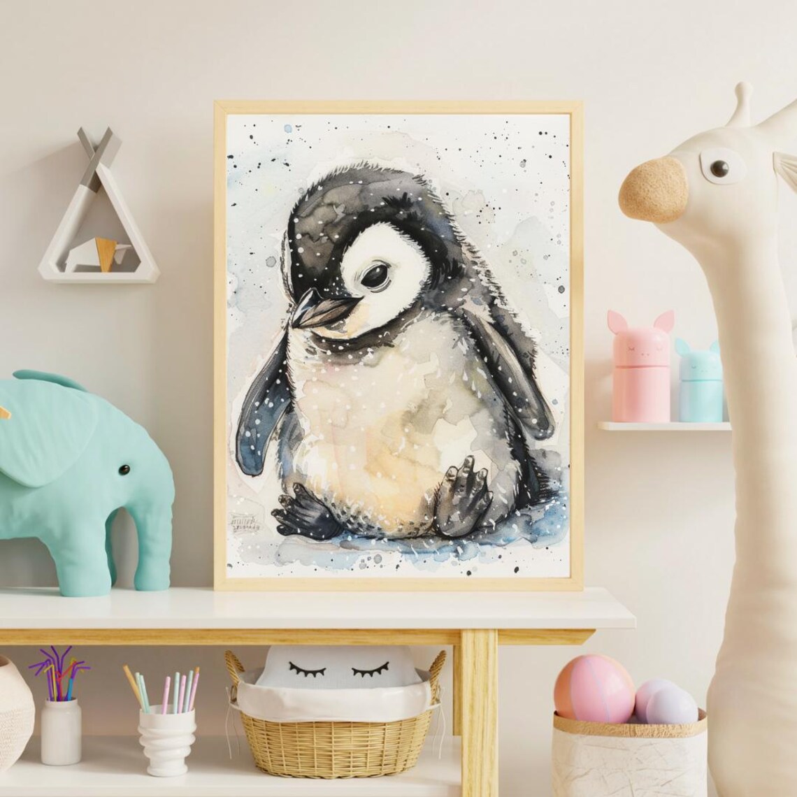 Baby Penguin Chick Watercolor Sitting Snow Cute Nursery Animal Poster - Image 2