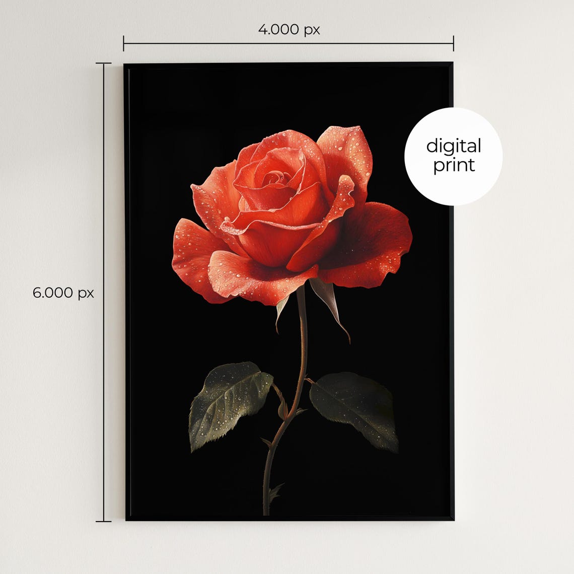 Single Red Rose With Dew Drops Black Background Minimal Floral Print - Image 2