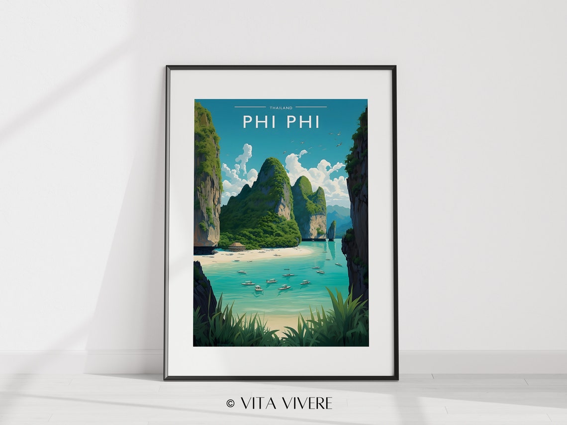 Phi Phi Thailand Vintage Travel Illustration Beach Lagoon Poster - Image 2