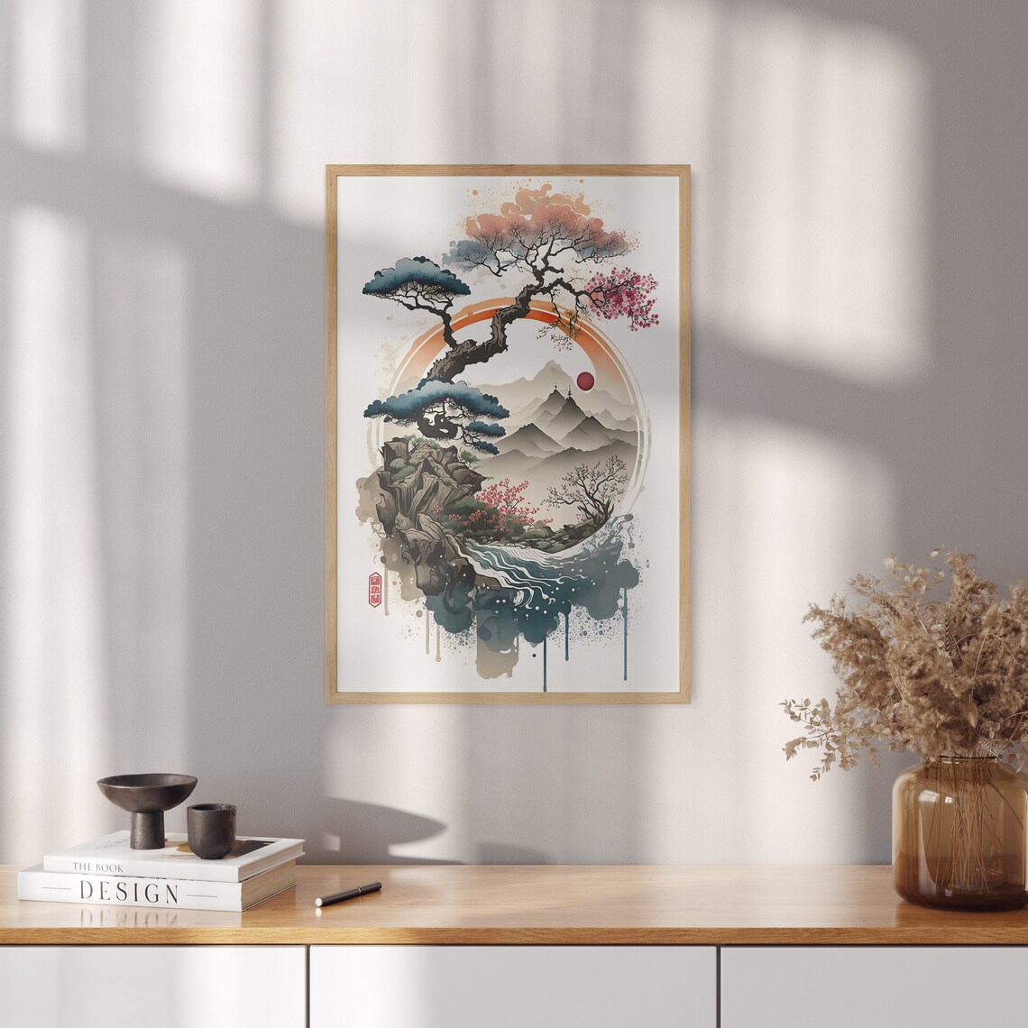 Japanese Watercolor Pine Mountain Enso Circle Lake Landscape Wall Art - Image 4