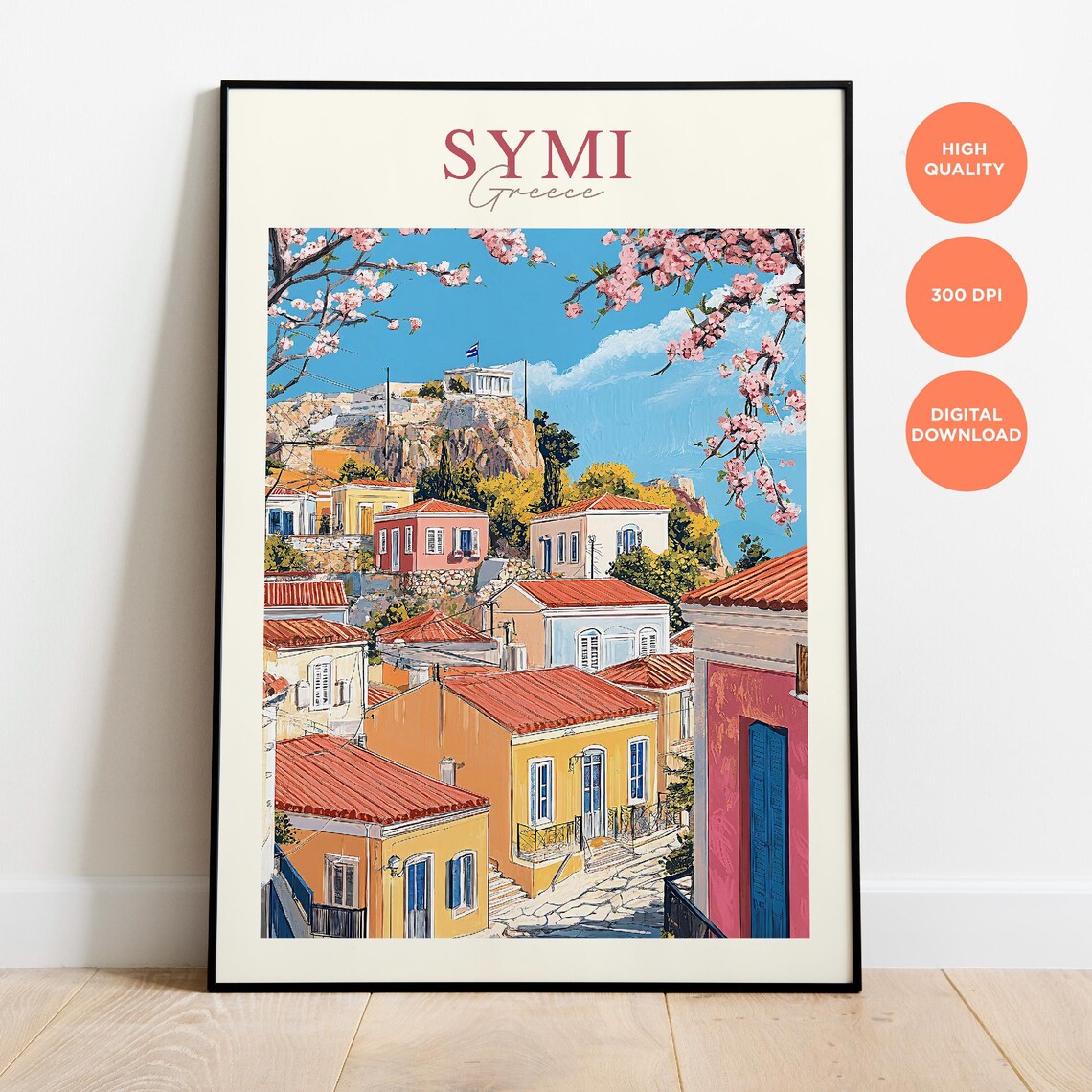 Symi Greece Colorful Island Houses Cherry Blossom Travel Poster - Image 3