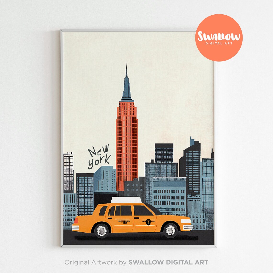 New York Yellow Taxi Empire State Skyline Illustration Poster - Image 2