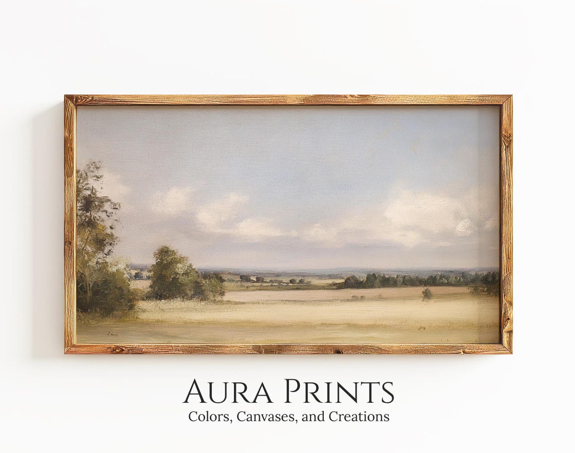 Golden Meadow Distant Hills Soft Vintage Oil Landscape Poster