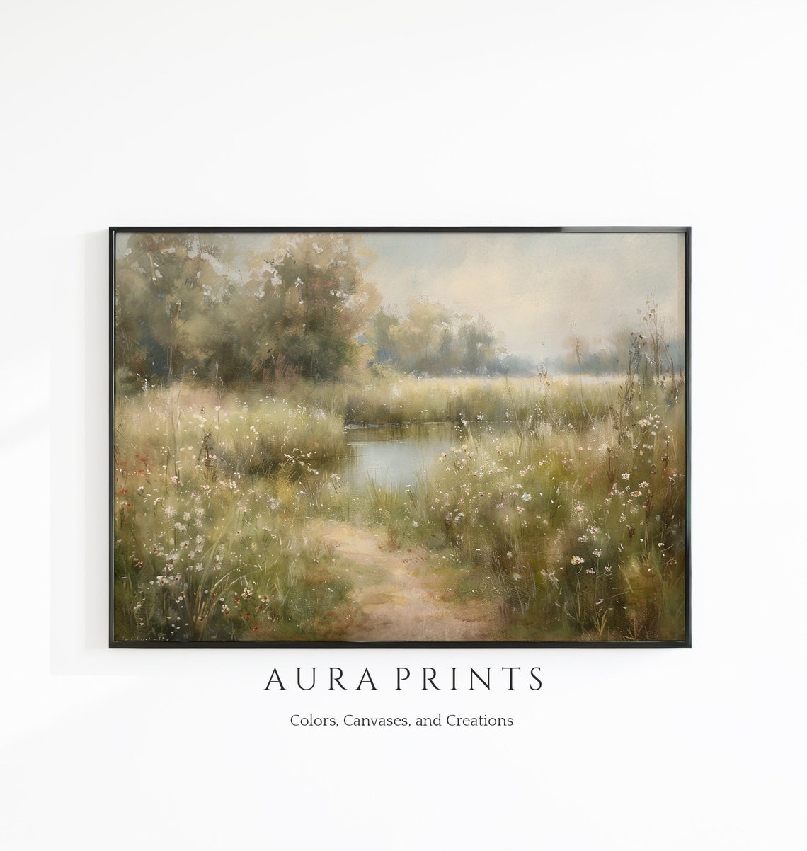 Meadow Path To Pond Wildflower Field Vintage Rustic Style Art Poster