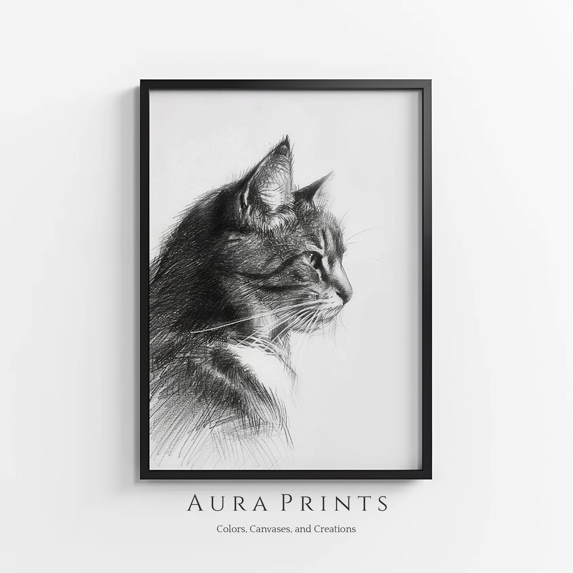Tabby Cat Pencil Sketch Profile Delicate Vintage Animal Art Poster