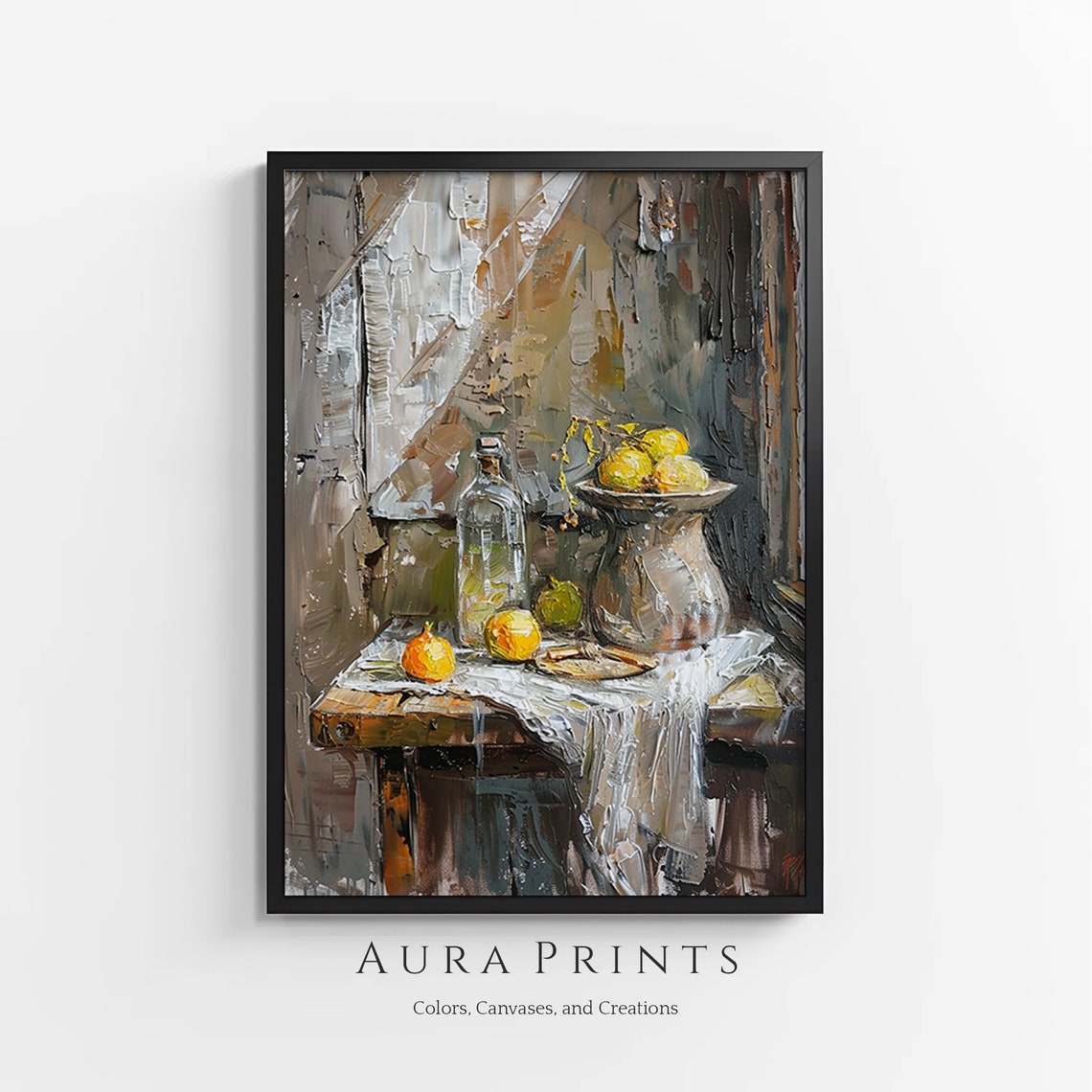 Impasto Oil Still Life Painting Citrus Fruit Bowl Vintage Table Poster