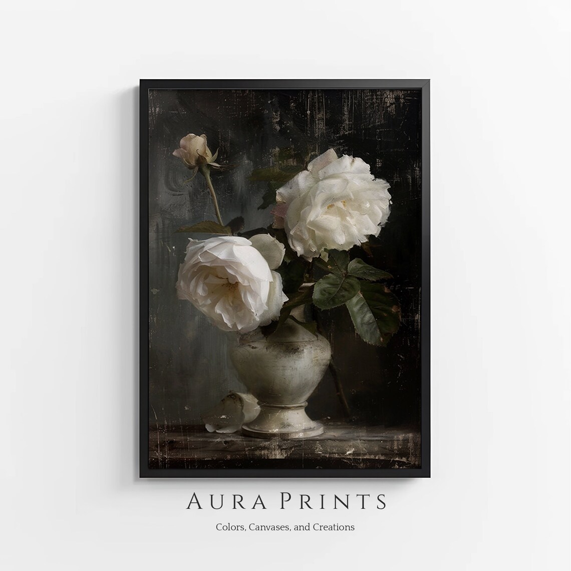 White Roses in Vase Oil Painting Moody Dark Floral Still Life Poster