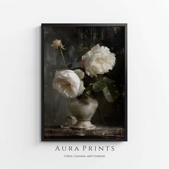 White Roses in Vase Oil Painting Moody Dark Floral Still Life Poster