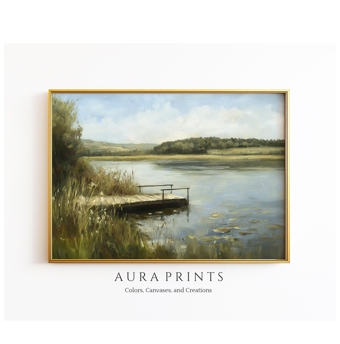Tranquil Wooden Dock on Calm Lake Vintage Countryside Poster