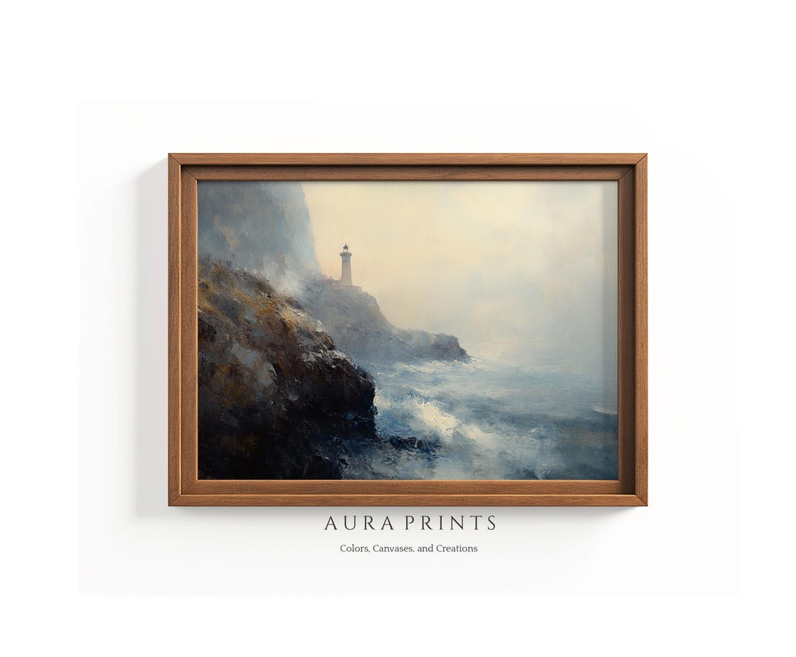 Lighthouse on Rocky Cliffs Oil Painting Moody Ocean Waves Poster