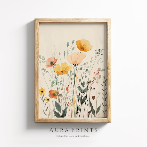 Summer Wildflower Bouquet Poppies Botanical Watercolor Cottage Wall Art