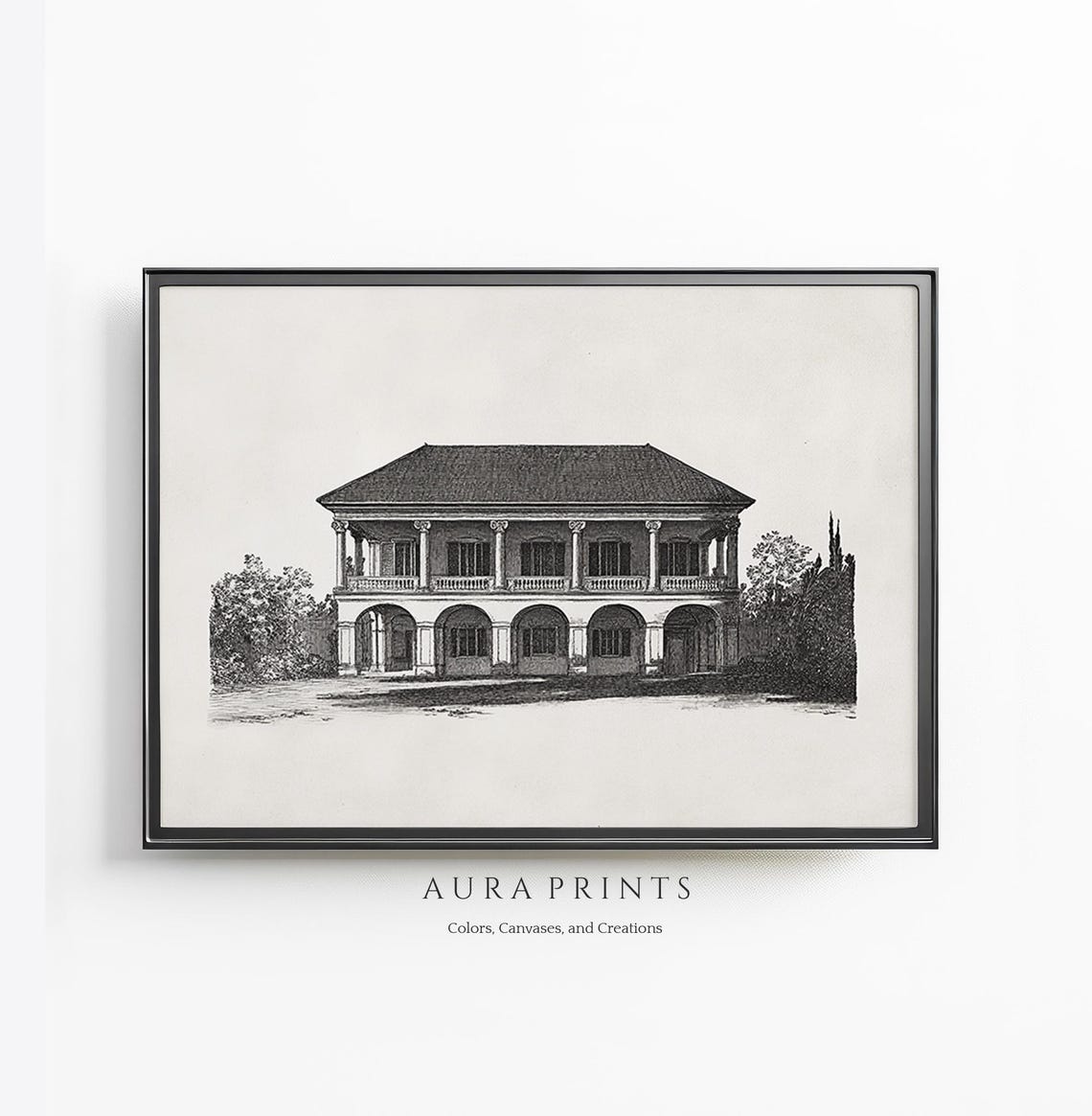 Classical Villa Architectural Sketch Black and White Line Art Poster