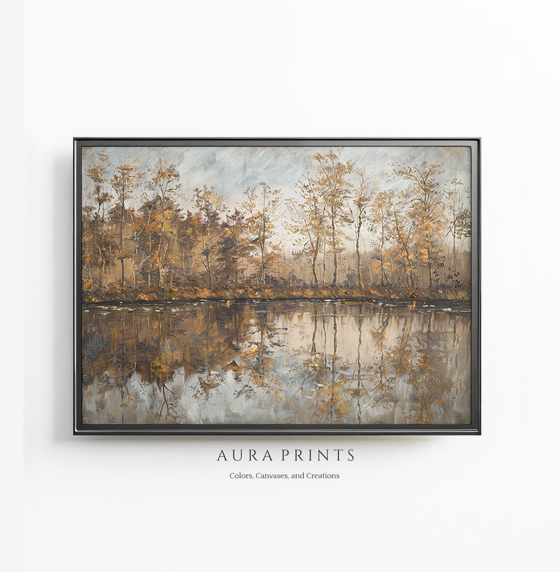 Lake Waters Reflection Autumn Trees Vintage Oil Painting Calm Poster