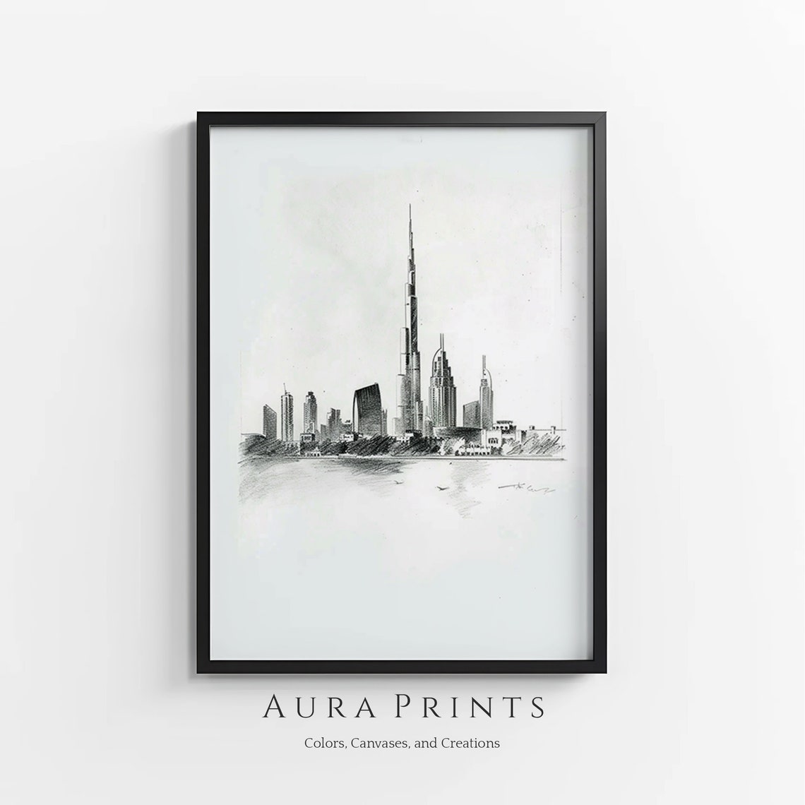 Dubai Skyline Burj Khalifa Pencil Sketch Minimal Cityscape Poster