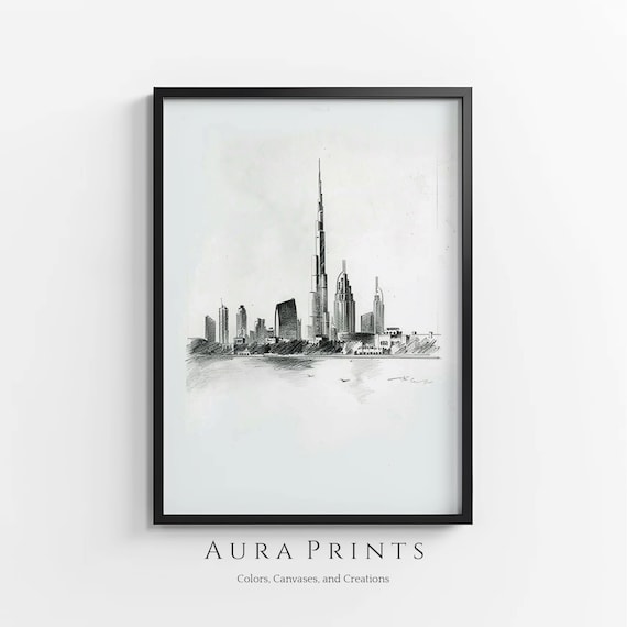 Dubai Skyline Sketch Burj Khalifa Urban Art Vintage Wall Decor Rustic Cottage Gift 0969