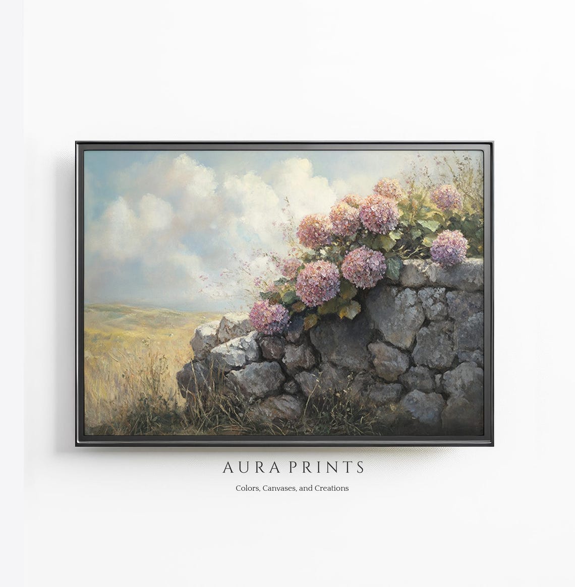 Hydrangeas Spilling Over Old Stone Wall Golden Field Floral Art Poster
