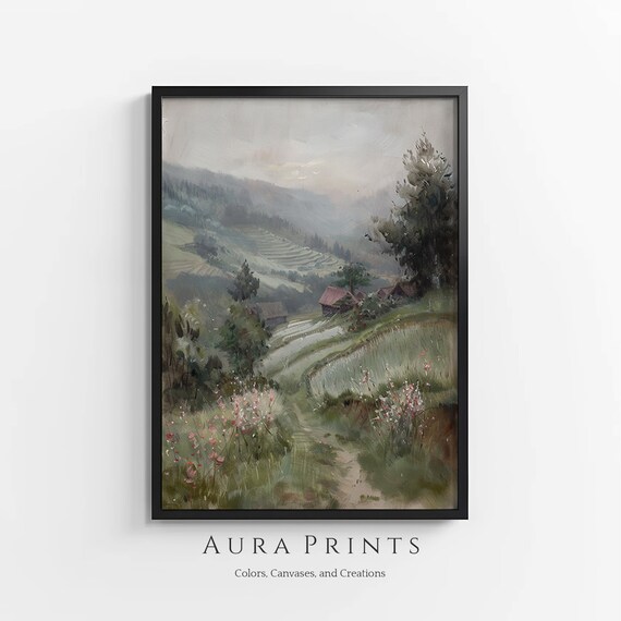 Misty Mountain Rice Paddy Valley Soft Impressionist Scenic Poster