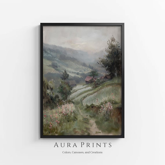 Rice Paddies In Misty Mountains Wall Art Rustic Farmhouse Cottage Asian Decor 0804