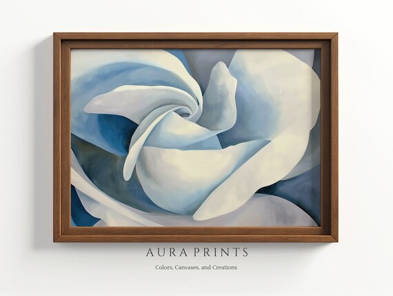 White Rose Close Up Blue Floral Abstract Painting Botanical Poster