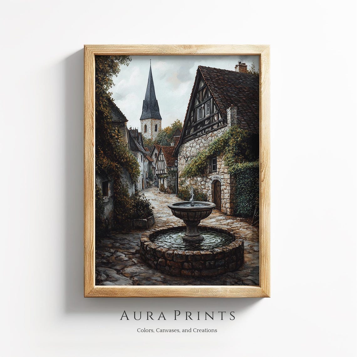 European Village Square Fountain Ivy Covered Cottages Church Poster