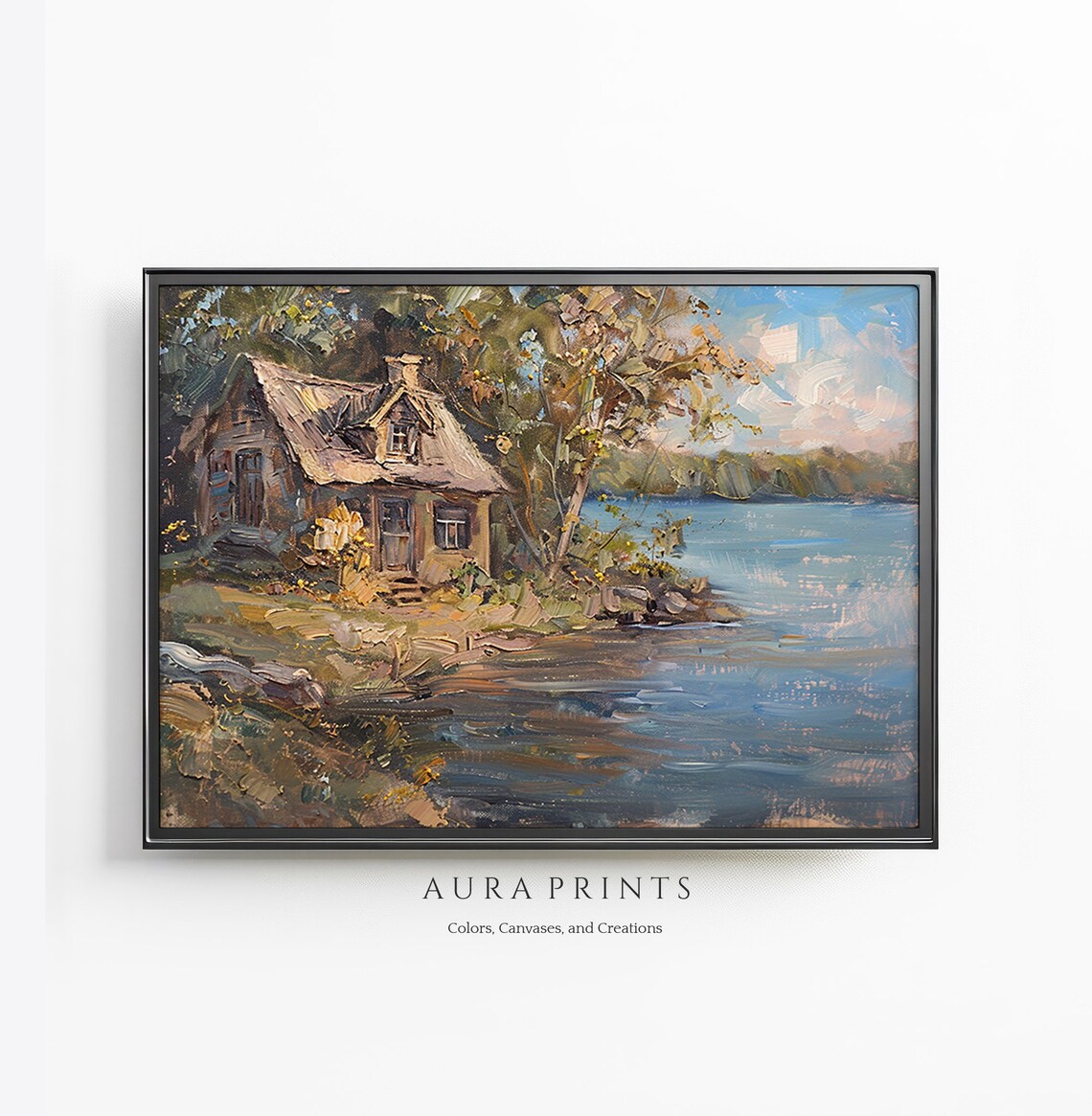 Rustic Cottage by the Lake Impressionist Oil Painting Nature Poster