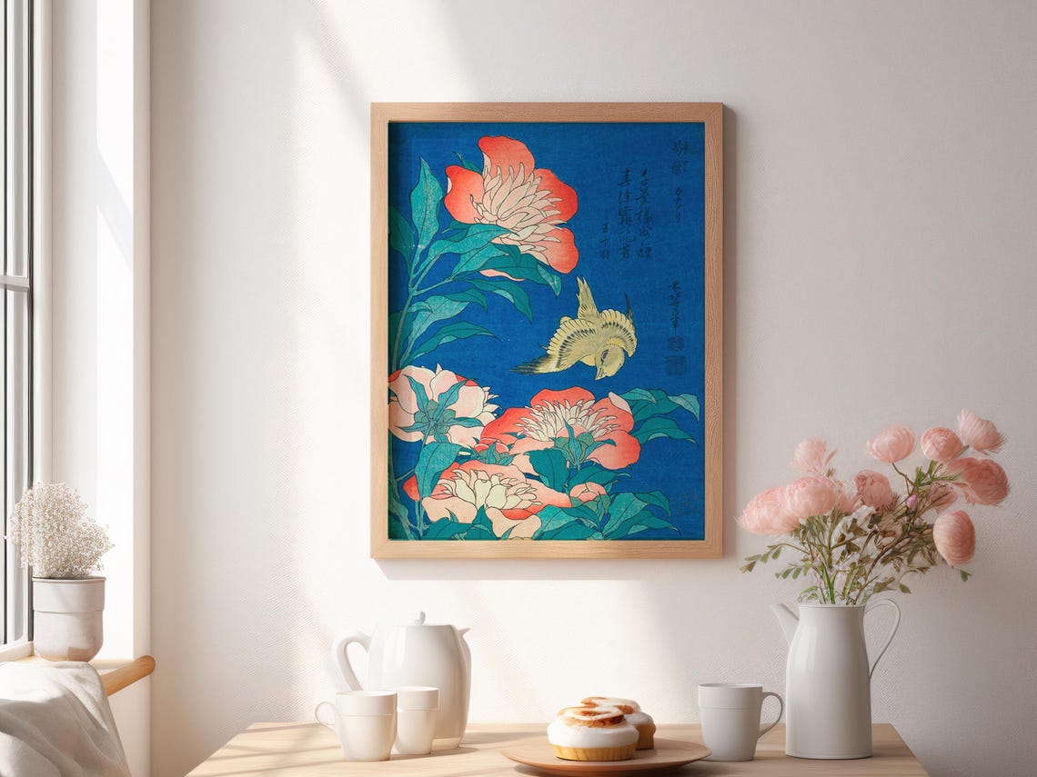 Hokusai Peonies and Canary Japanese Woodblock Flower Art Poster