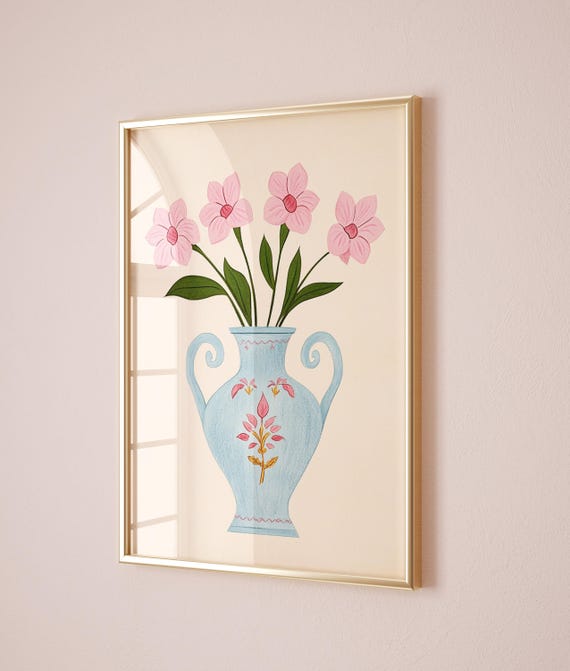 Delicate Decorative Vase Print Floral Wall Art For Kids Room And Nursery Whimsical Flower Illustration Vintage