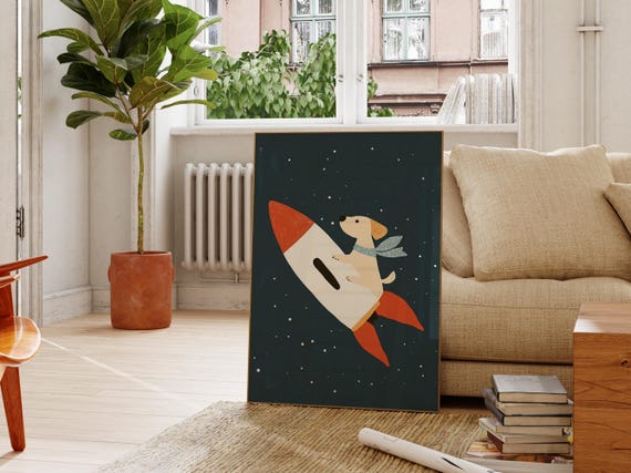 Space Dog Rocket Ship Wall Art Print Baby Boy Nursery Decor Astronaut Kids Room Modern Space Theme Print