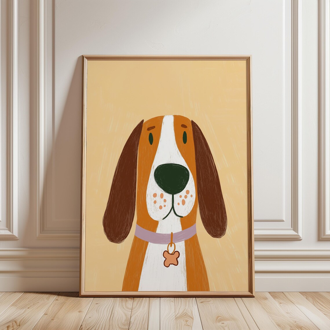 Basset Hound Dog Portrait Yellow Background Kids Room Art Print