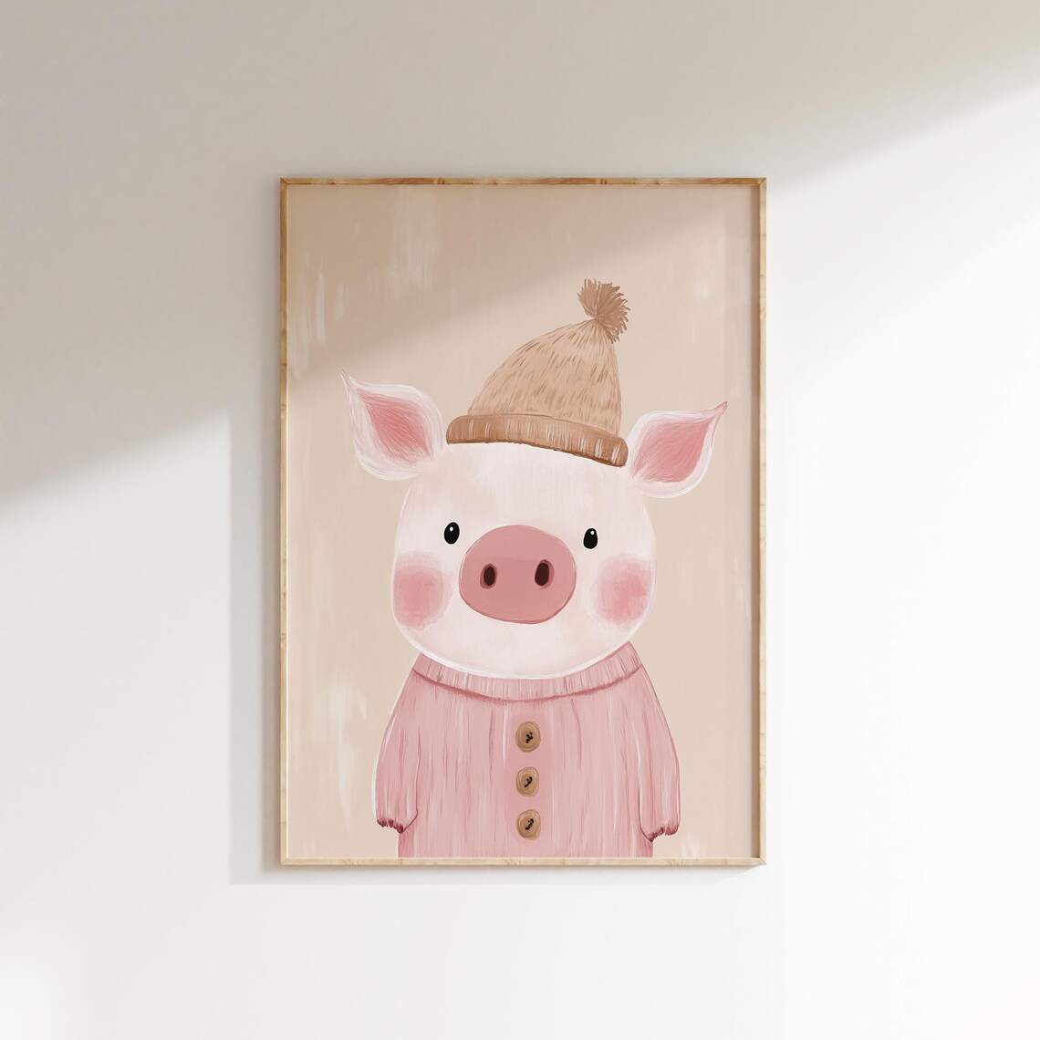 Cute Pig In Pink Sweater And Knit Beanie Nursery Watercolor Poster - Image 2