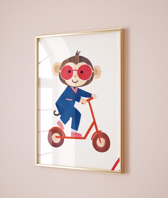 Funny Cool Monkey Red Sunglasses Scooter Ride Kids Animal Poster