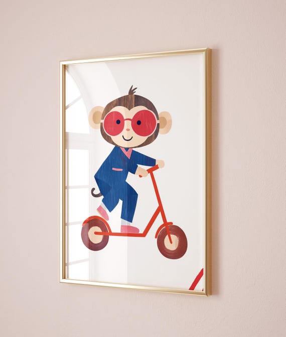 Scooter Monkey Wall Art Nursery Animal Print Kids Room Decor Boys Room Poster Playroom Art Animal Illustration
