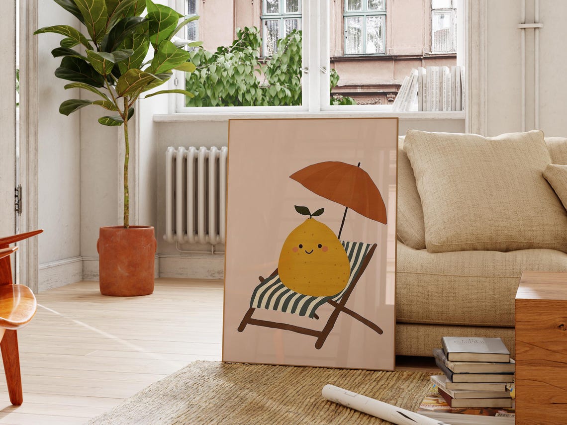 Smiling Lemon Striped Deck Chair Beach Umbrella Summer Art Poster - Image 2