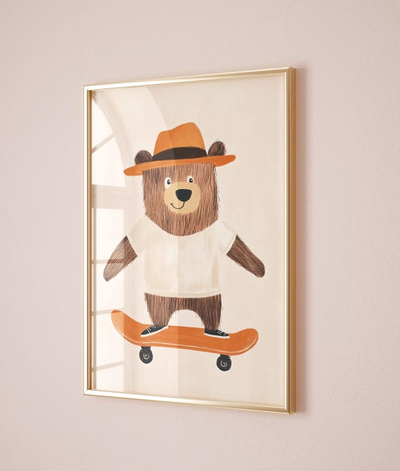 Skateboard Bear Wall Art Kids Room Decor Boys Room Bear Print Gender Neutral Nursery Poster Playroom Animal Art