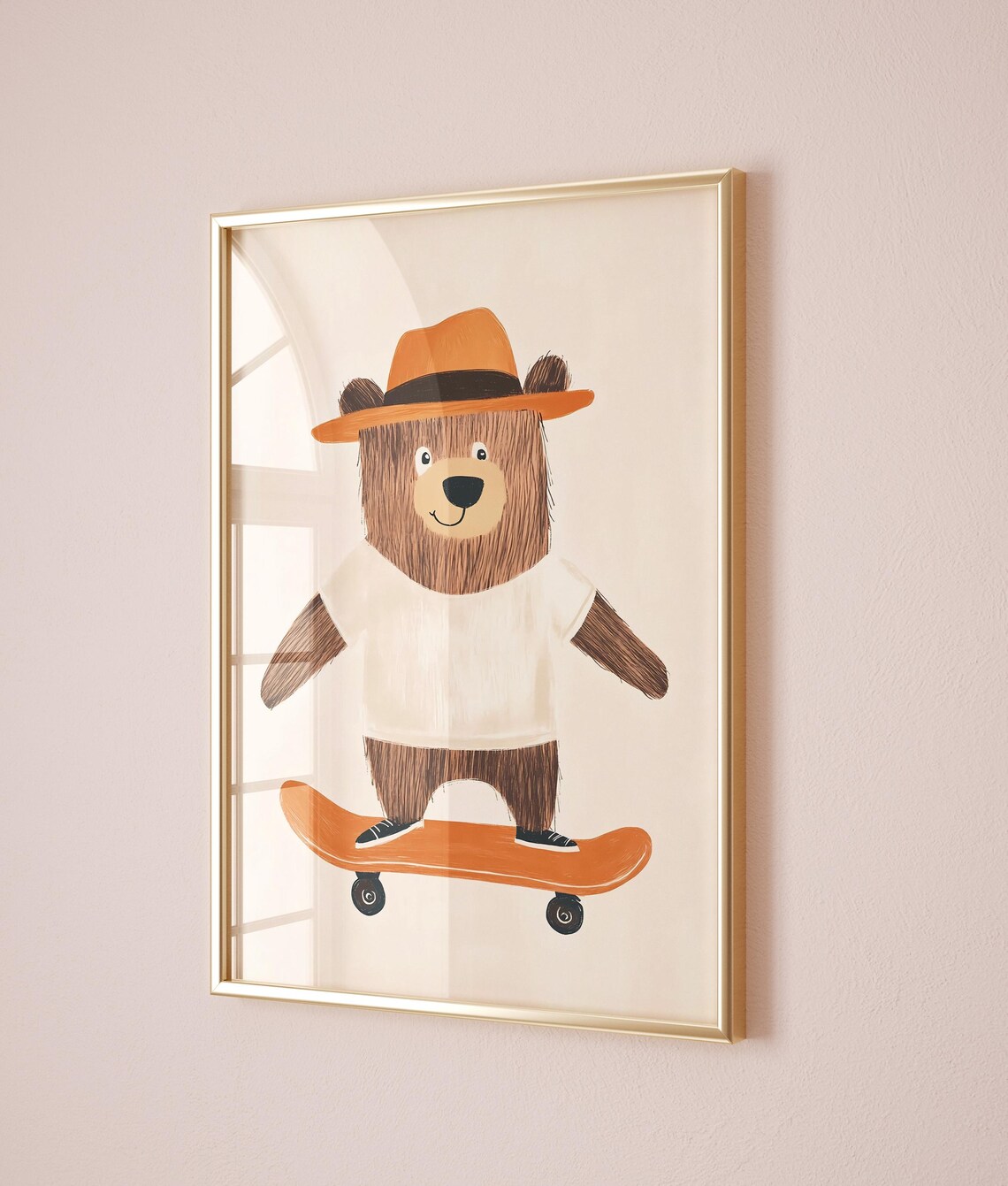 Cool Bear On Skateboard Wearing Orange Hat Cute Kids Room Decor Poster