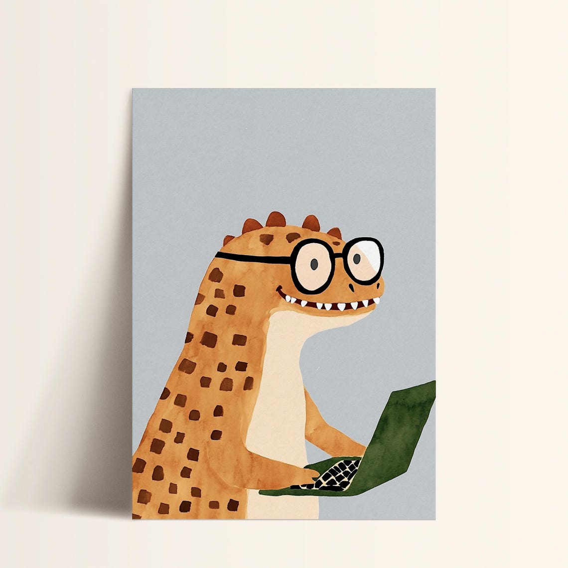 Funny Smart Dinosaur Glasses Green Laptop Kids Study Room Art Poster