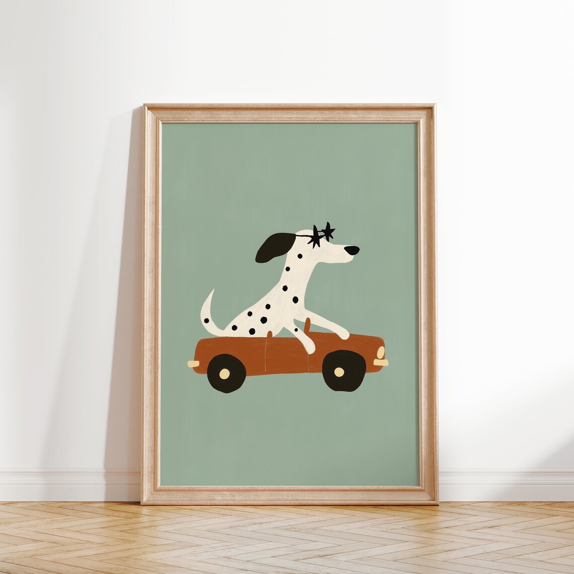 Dalmatian Driving Orange Car With Star Sunglasses Kids Animal Poster - Image 2