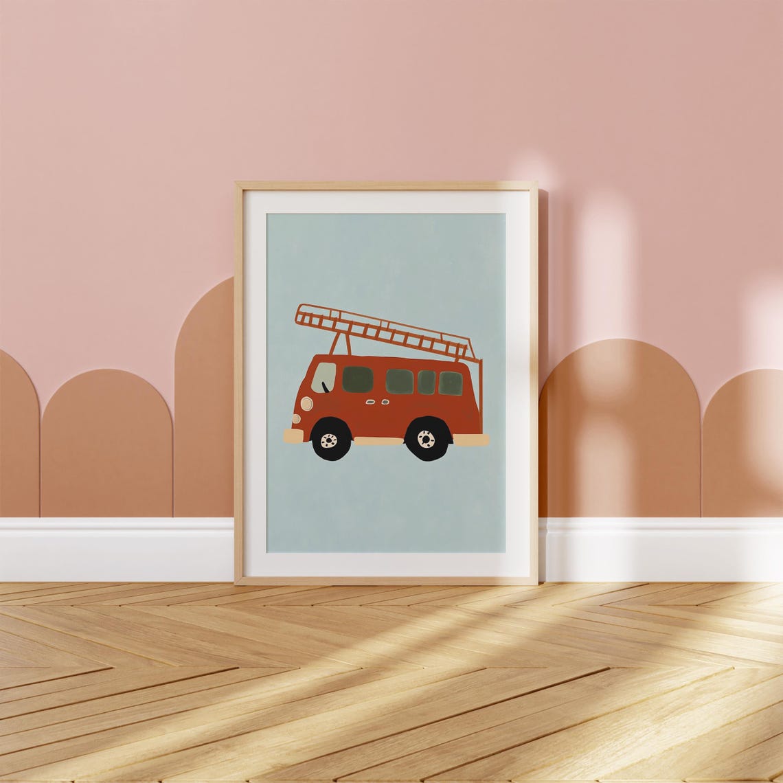 Red Fire Truck with Ladder Cute Kids Vehicle Nursery Art Poster - Image 3