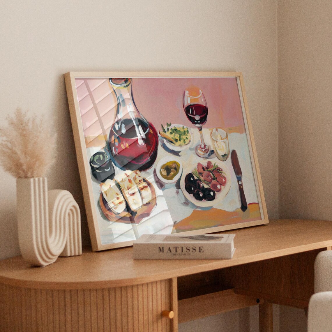 Red Wine Decanter Tapas Bread Olives Cheese Table Painting Kitchen Wall Art - Image 3
