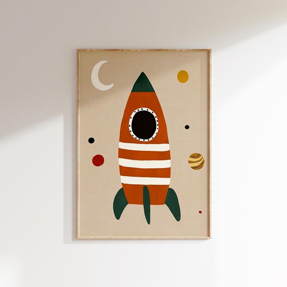 Orange Rocket Planets Kids Room Space Nursery Moon Stars Wall Art