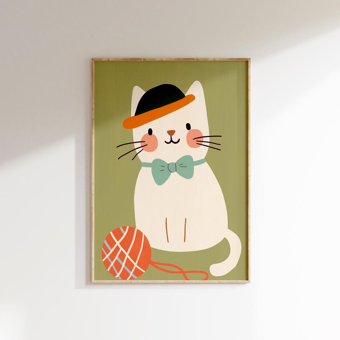 Fancy Cat Gentleman Bow Tie Bowler Hat Green Playroom Kids Wall Poster