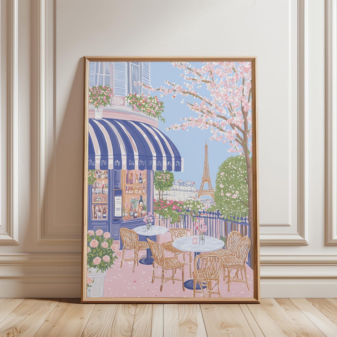 Paris Cafe Terrace Eiffel Tower Cherry Blossom Spring Poster