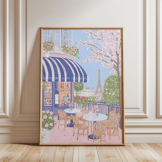 Paris Wine Bar Print Eiffel Tower Art Cafe Terrace Blue Awning Scene Cherry Blossom Folk Art French Decor