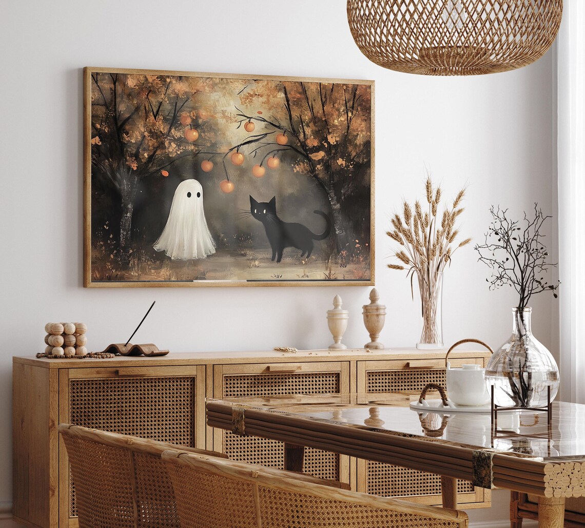 Ghost And Black Cat In Pumpkin Grove Autumn Halloween Poster - Image 2