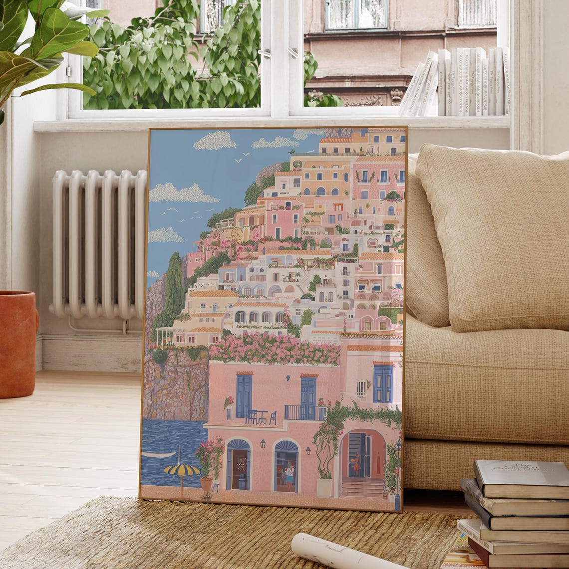 Amalfi Coast Pink Cliffside Village Mediterranean Summer Poster - Image 2