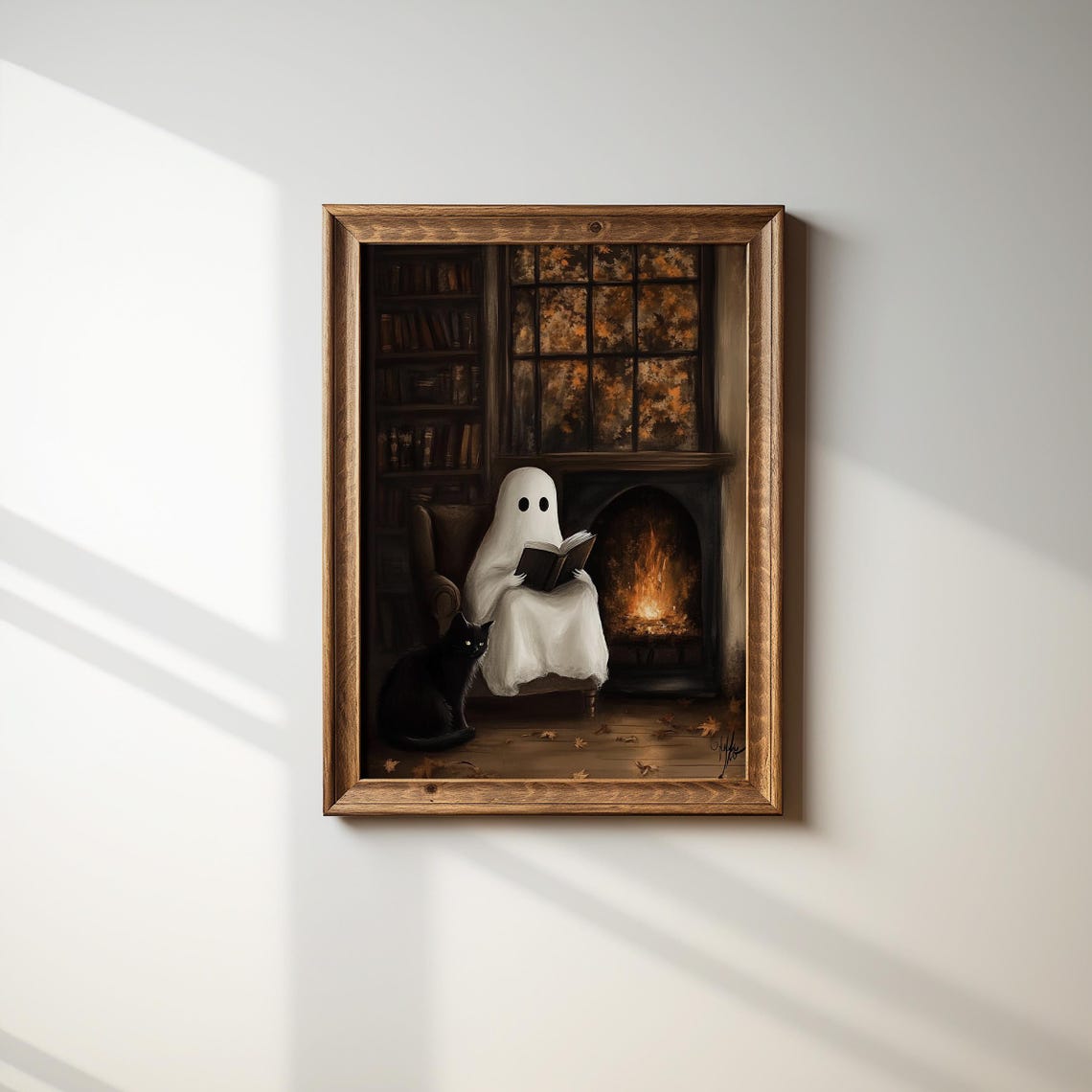 Ghost Reading By Fireplace With Black Cat Cozy Halloween Night Poster